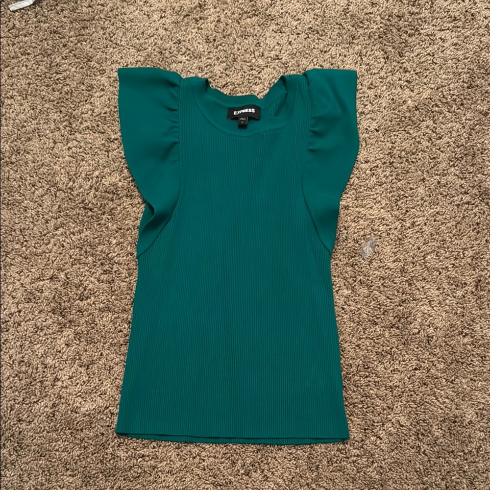 Express Green Flutter Sleeve Fitted Sweater Blouse